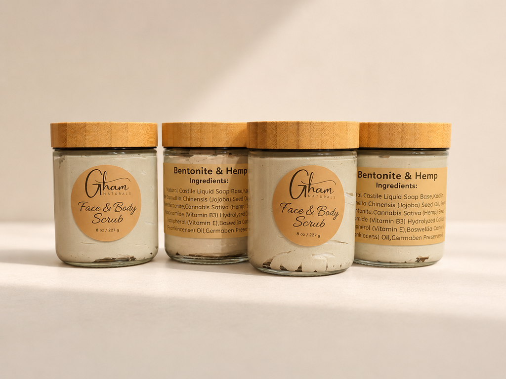 Bentonite & Hemp Face + Body Scrub jars showing the ingredient label