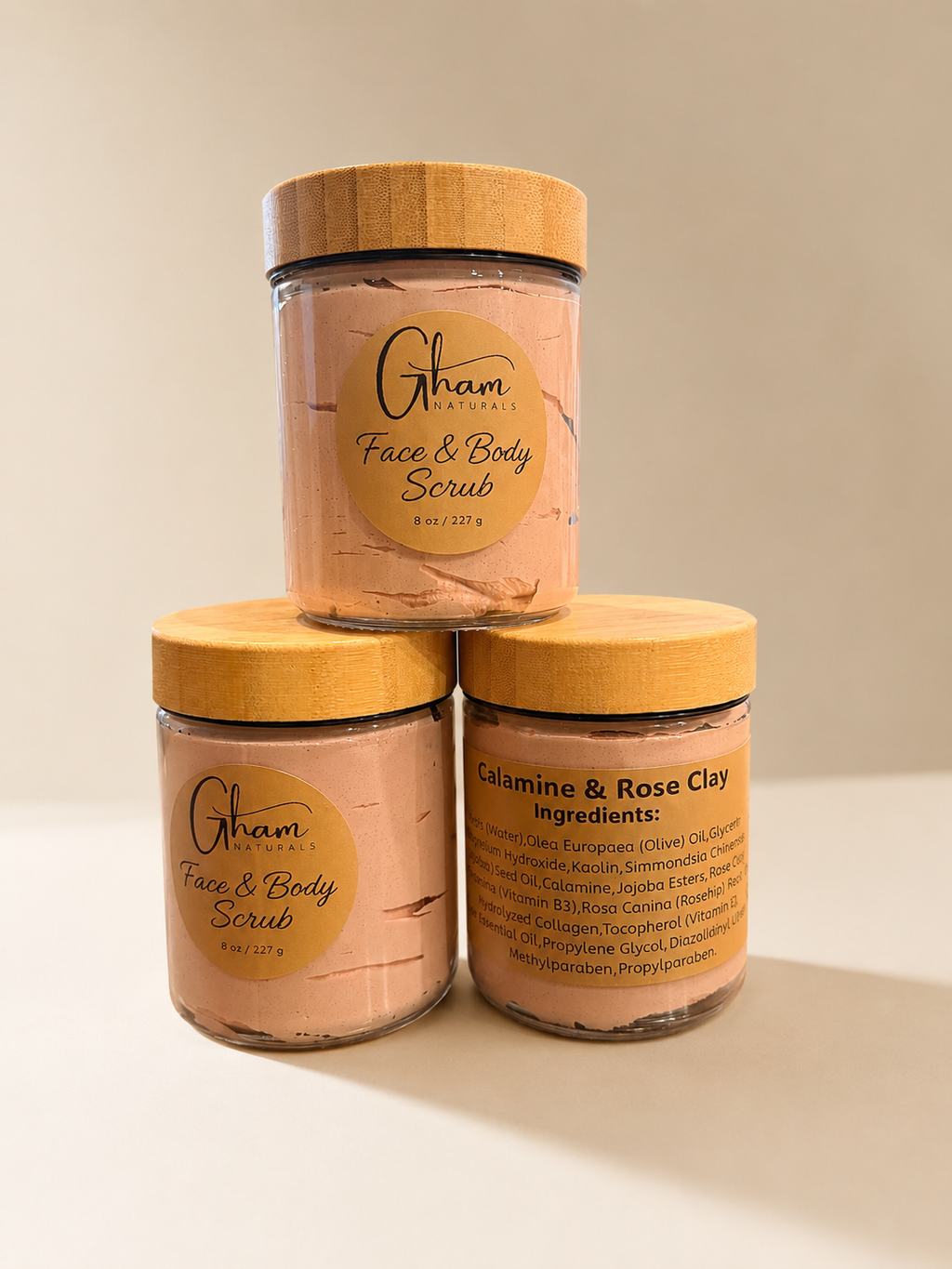Calamine & Rose Clay Face + Body Scrub jars showing the ingredient label
