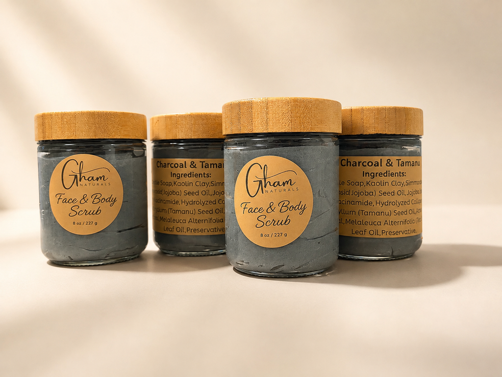 Charcoal & Tamanu Face + Body Scrub jars showing the ingredient label