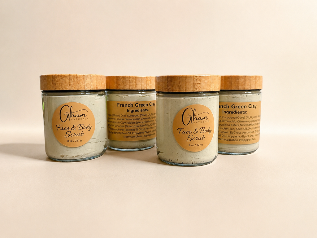French Green Clay Face + Body Scrub jars showing the ingredient label