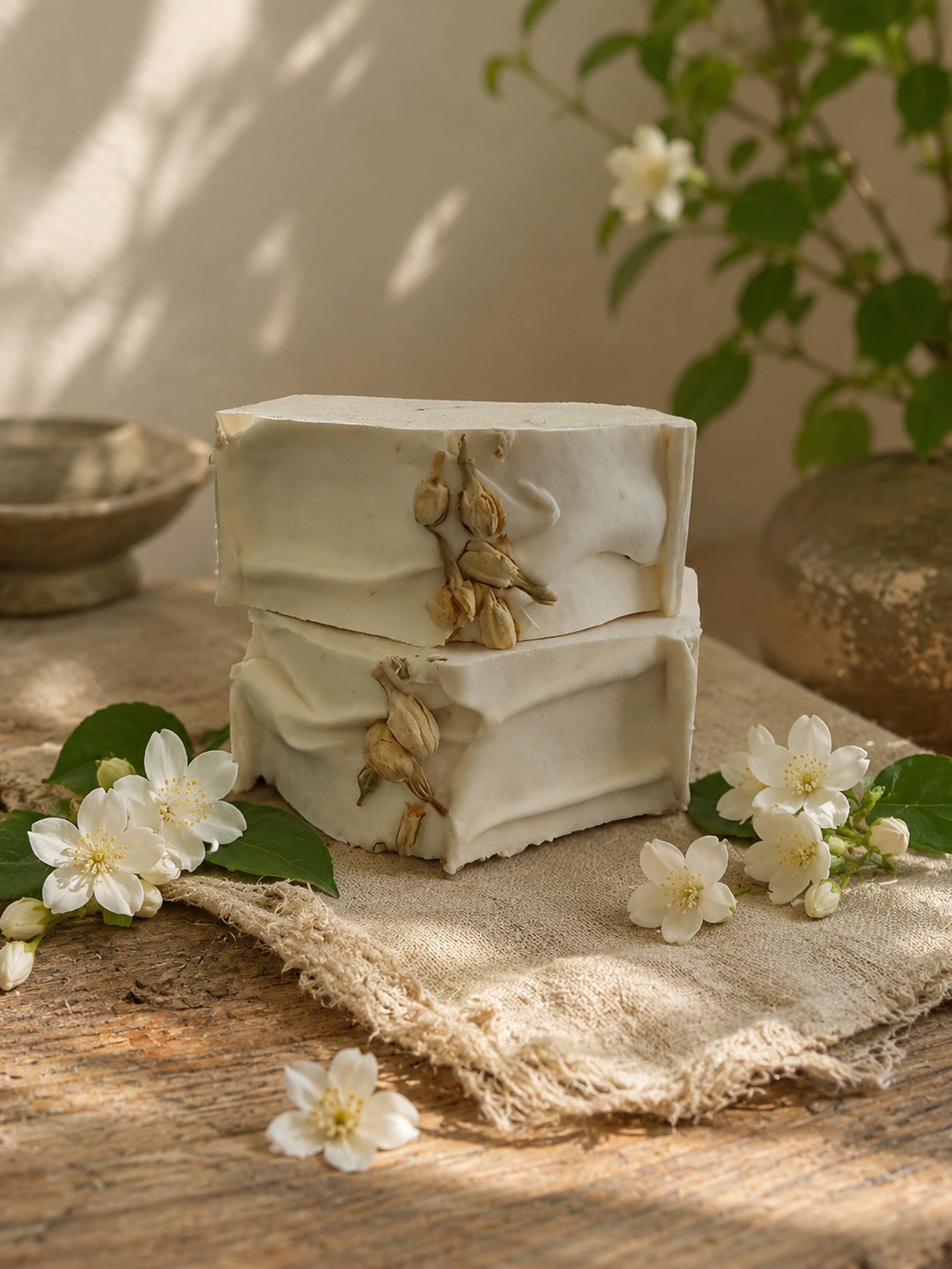 Golden Jasmine Face + Body Bar stacked with jasmine blossoms