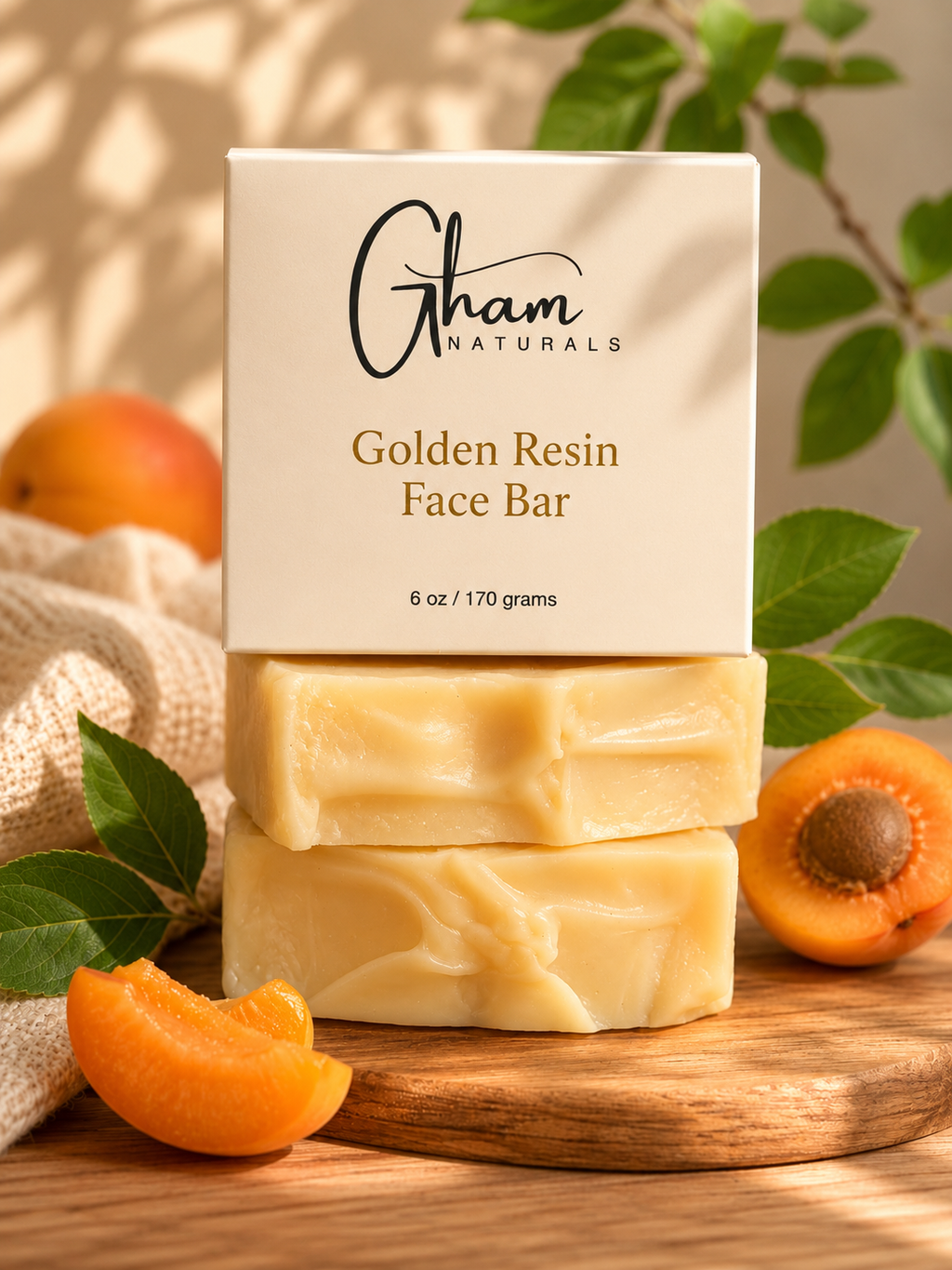 Golden Resin Face Bar - branded box on top of stacked soap bars